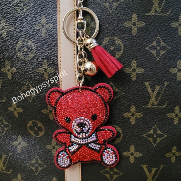 Bling Teddy Bear Crystal Rhinestone Keychain Bag Charm With Red Tassel - Picture 4 of 12